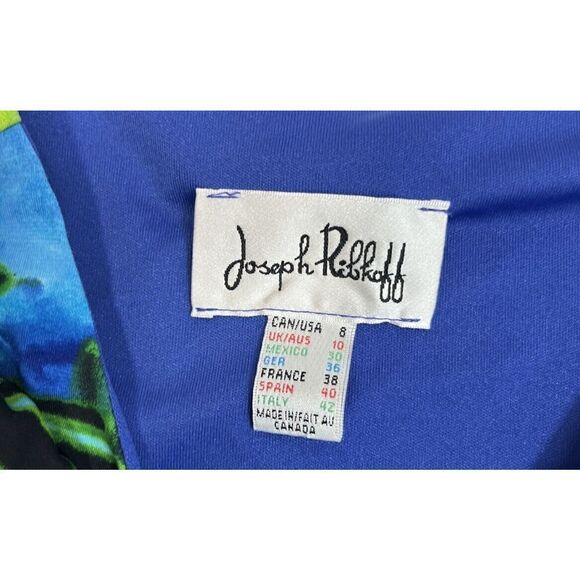Joseph Ribkoff Dress Hawaiian Tropical Sheath Ruched Line Sleeveless Size 8 Blue - Picture 6 of 14